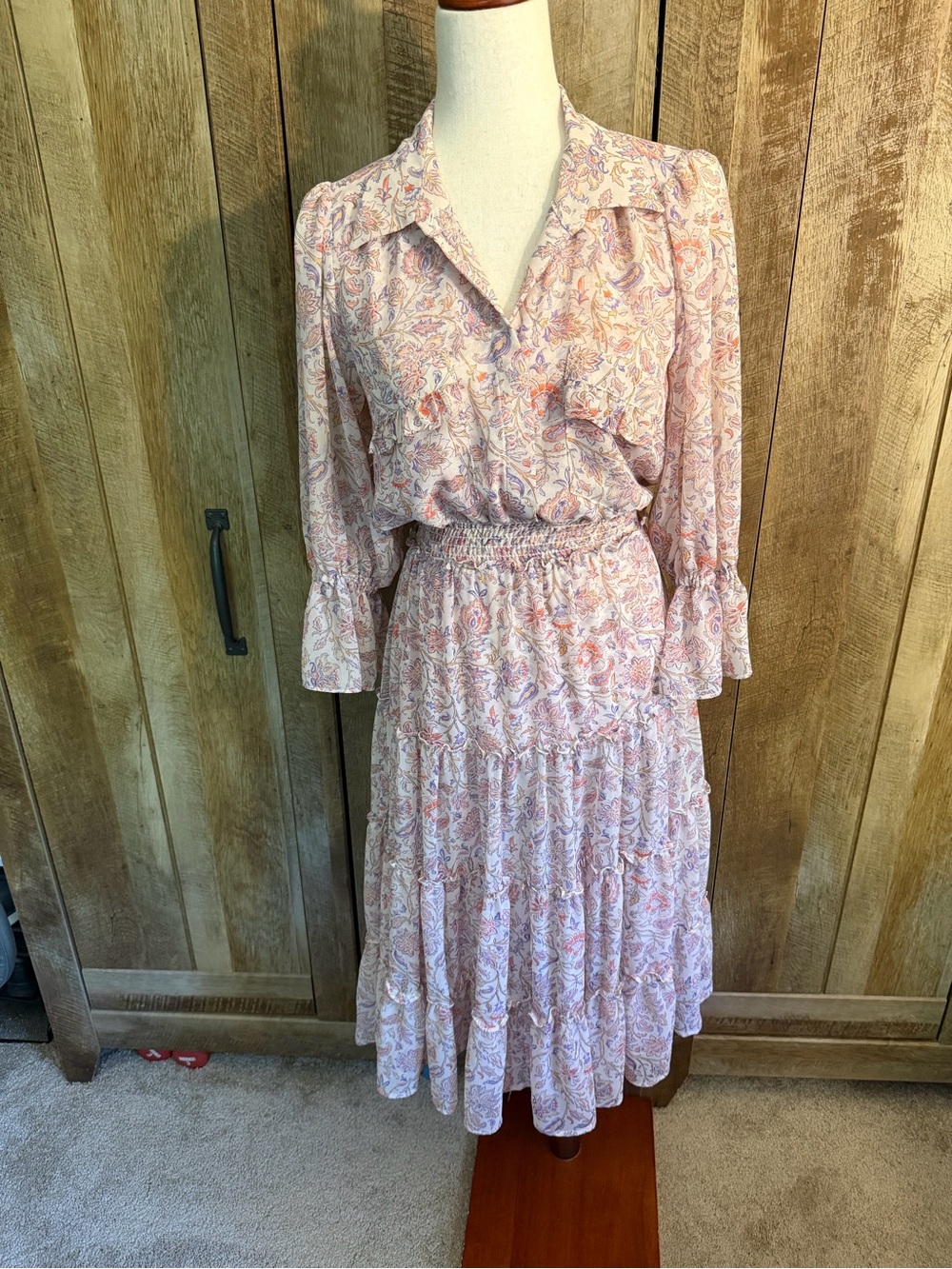 Misa Los Angeles Pastel Pink Paisley Tiered Midi Dress
